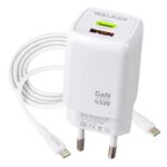СЗУ+кабель (USB-C) [USB(1), USB-C(1), 3A, 45W, QC 3.0/PD, GaN] WALKER WH-73 бел.