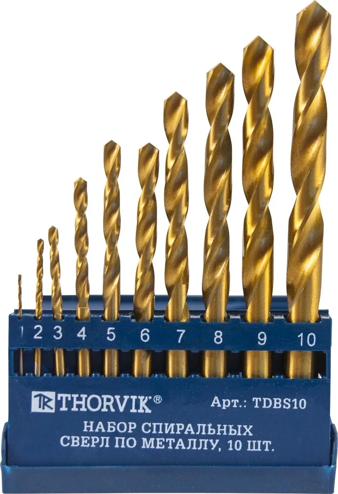 Thorvik TDBS10 HSS TiN в пластиковом кейсе, d1.0-10.0 мм, 10 п Набор спиральных сверл по металлу