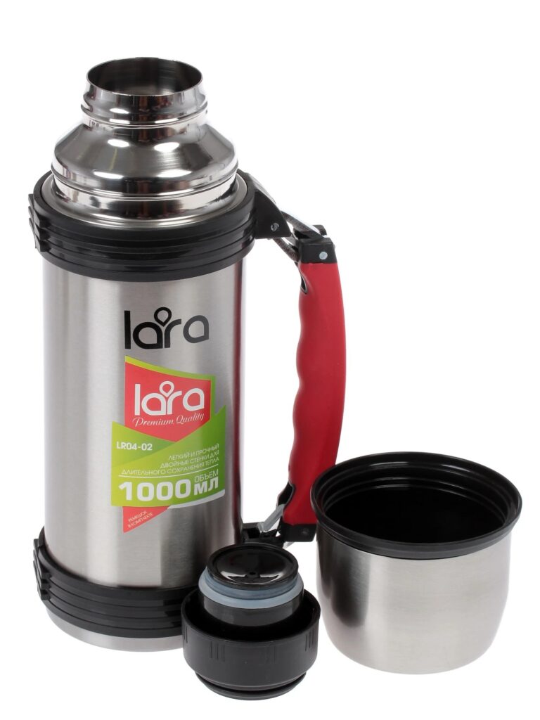 LARA LR04-02 термос 1л, ручка, кнопка, ремешок, двойные стенки, крышка-стаканчик