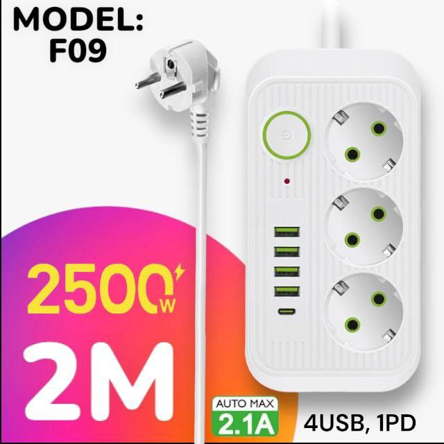 Удлинитель сетевой F09 2м (3EU+4USB+1PD) белый ... FaizFull 10A, ABS-пластик