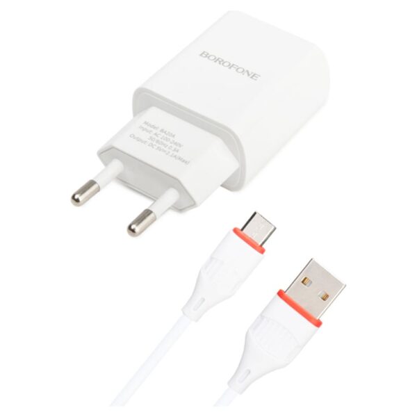 СЗУ с выходом USB, 2.1А, белый, BA20A Sharp, с кабелем USB-microUSB;  BOROFONE
