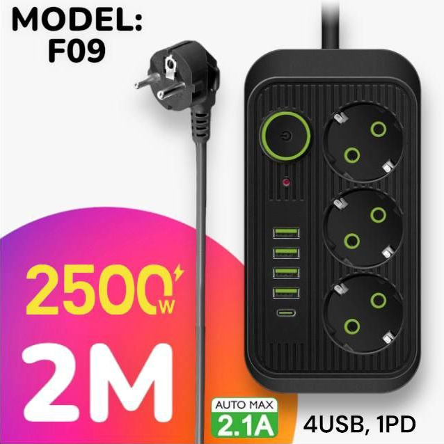 Удлинитель сетевой F09(F109) 2м (3EU+4USB+1PD) черный FaizFull 10A,  ABS-пластик