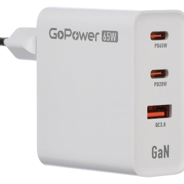 GOPOWER 1USB+2TYPE-C 65W QC3.0 GAN белый Сетевое зарядное устройство