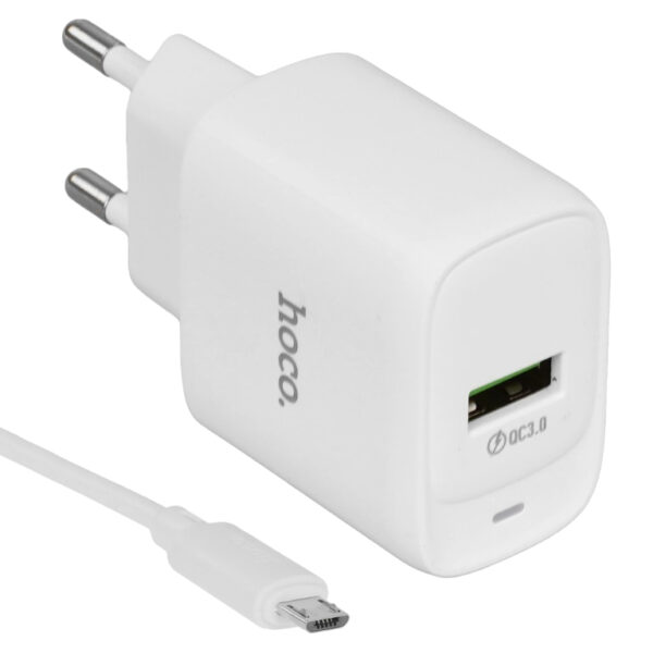 СЗУ с выходом USB, 3.0А, белый, C140A Smart,с каб. USB-microUSB, QC3, HOCO